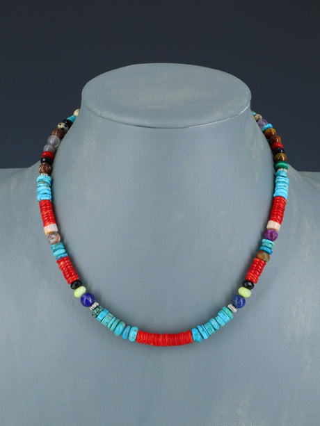 16" Turquoise and Dyed Bamboo Coral Single Strand Beaded Necklace - PuebloDirect.com