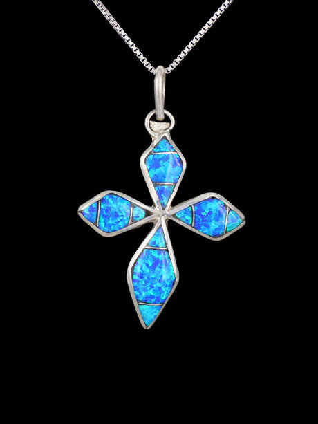 Sterling Silver Zuni Inlay Opalite Cross Pendant - PuebloDirect.com