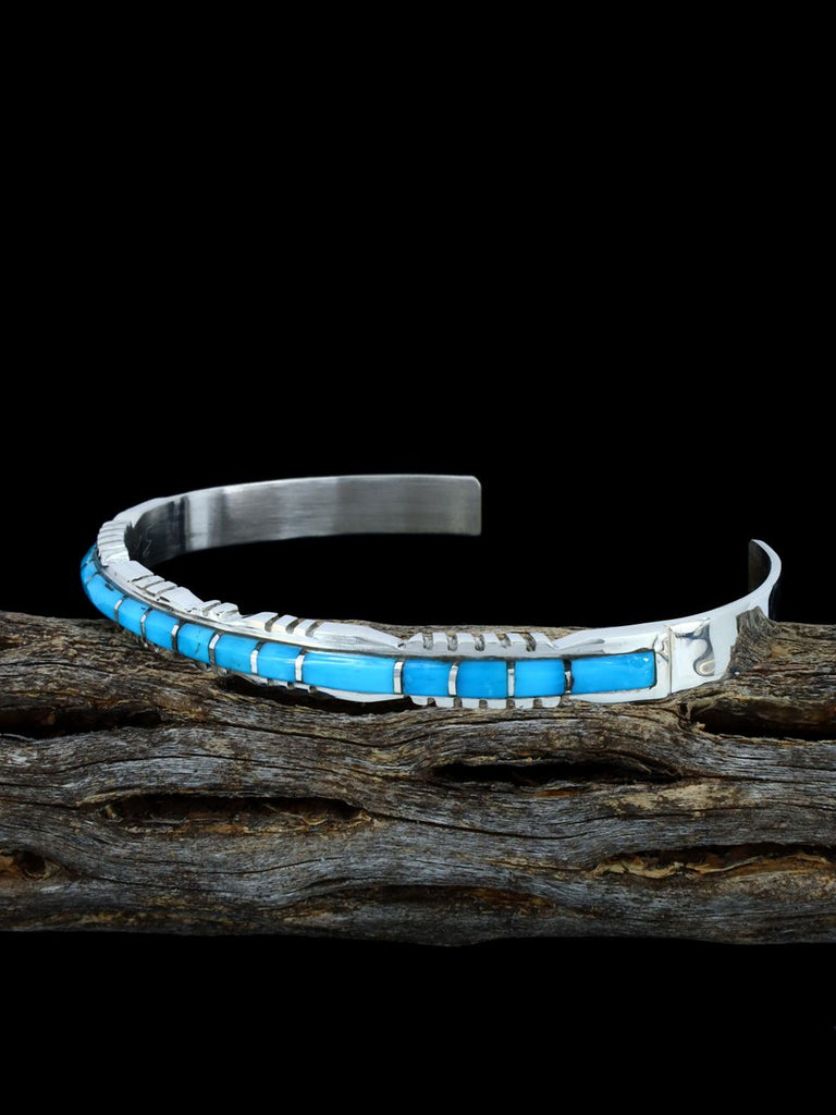 Single Row Sterling Silver Zuni Turquoise Inlay Bracelet - PuebloDirect.com