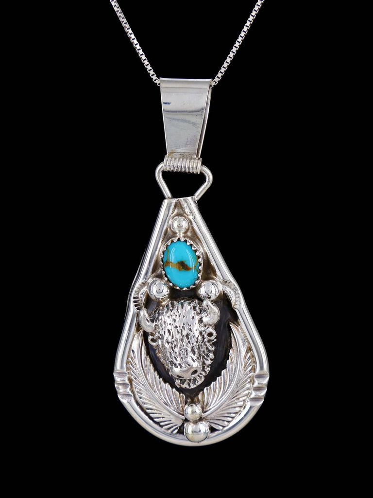 Navajo Sterling Silver 3D Turquoise Buffalo Pendant - PuebloDirect.com