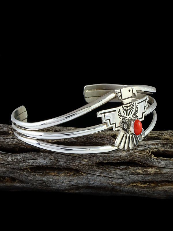 Native American Jewelry Thunderbird Coral Cuff Bracelet - PuebloDirect.com