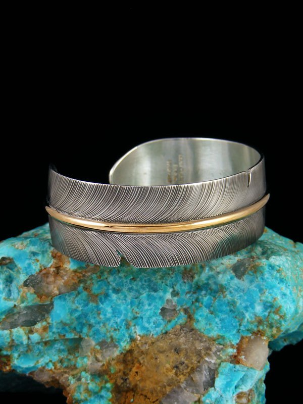 Native American Sterling Silver and 12kt Gold Feather Bracelet - PuebloDirect.com