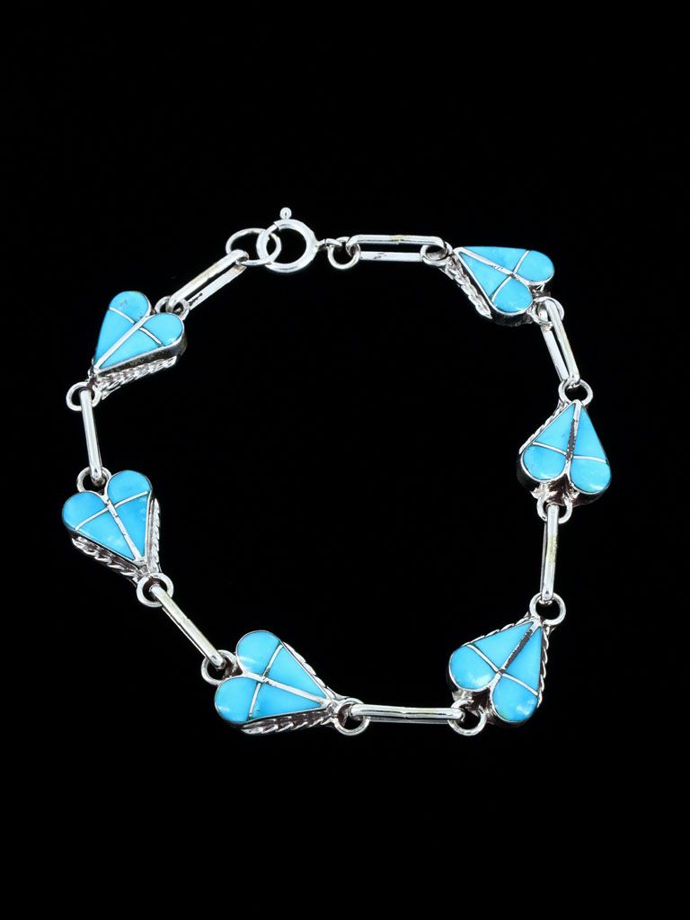 Native American Jewelry Zuni Inlay Turquoise Heart Link Bracelet - PuebloDirect.com