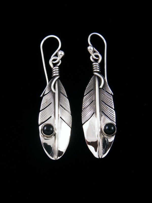 Native American Sterling Silver Black Onyx Dangle Feather Earrings - PuebloDirect.com