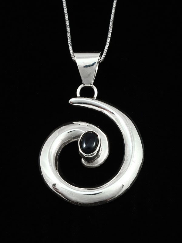 Onyx Navajo Sterling Silver Swirl Pendant - PuebloDirect.com