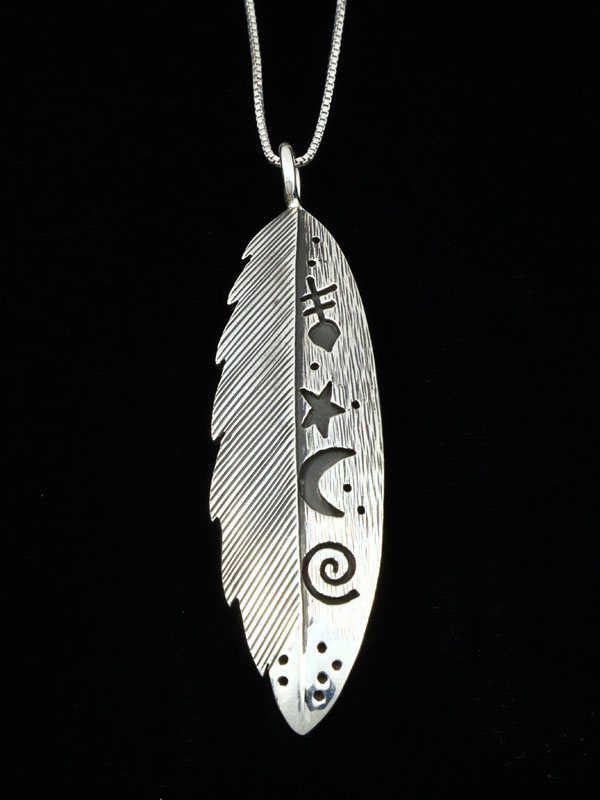 Native American Jewelry Sterling Silver Petroglyph Feather Pendant - PuebloDirect.com