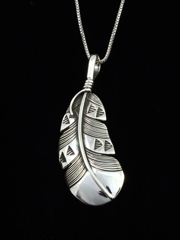 Native American Jewelry Sterling Silver Feather Pendant - PuebloDirect.com