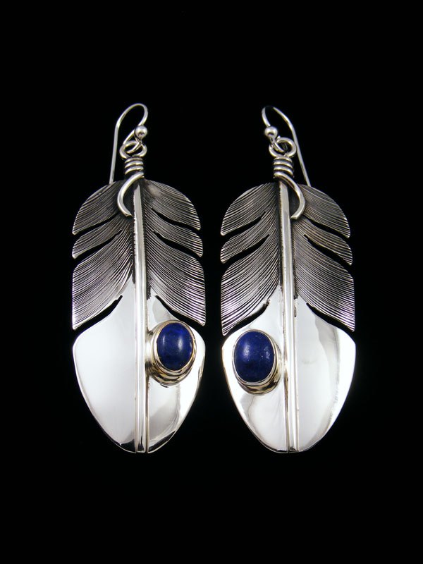 Native American Sterling Silver Lapis Dangle Feather Earrings - PuebloDirect.com