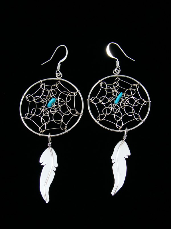 Navajo Sterling Silver Large Dreamcatcher Dangle Earrings - PuebloDirect.com