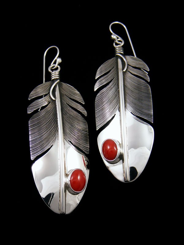 Native American Sterling Silver Coral Dangle Feather Earrings - PuebloDirect.com