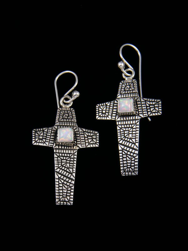 Navajo Sterling Silver Opalite Cross Dangle Earrings - PuebloDirect.com