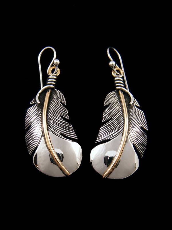 Navajo Sterling Silver and 12kt Gold Feather Earrings - PuebloDirect.com