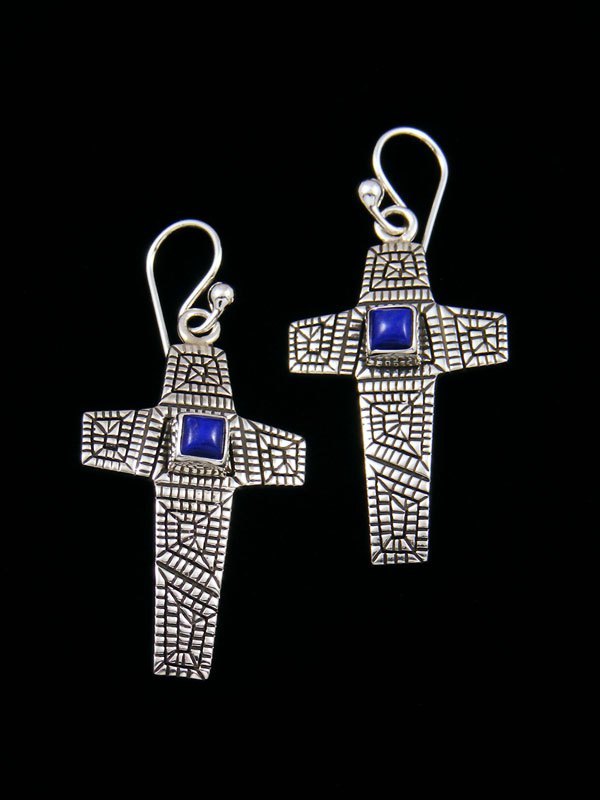 Navajo Sterling Silver Lapis Cross Dangle Earrings - PuebloDirect.com