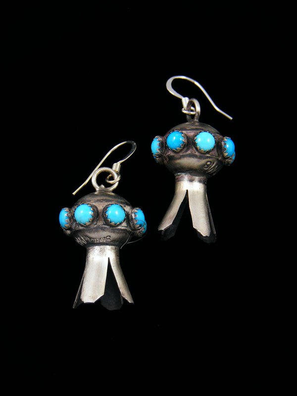 Navajo Turquoise Sterling Silver Blossom Flute Earrings - PuebloDirect.com