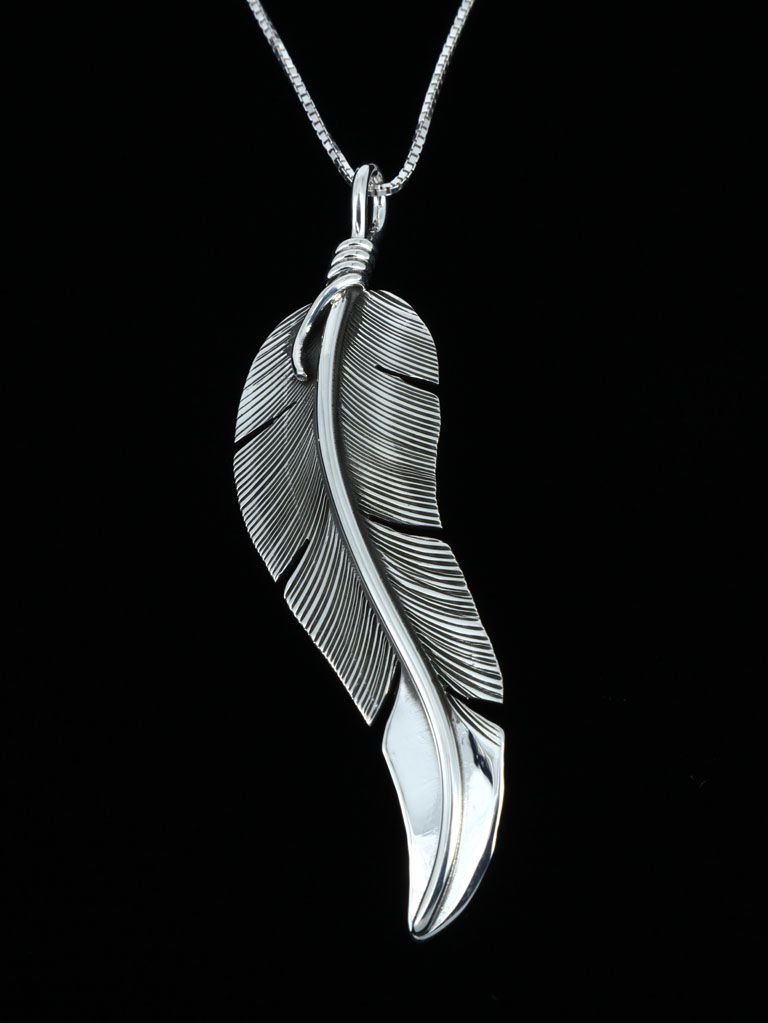 Native American Jewelry Sterling Silver Feather Pendant - PuebloDirect.com