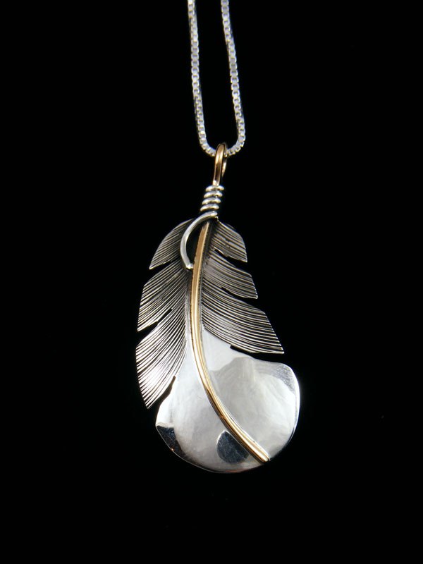 Native American Sterling Silver and 12kt Gold Feather Pendant - PuebloDirect.com