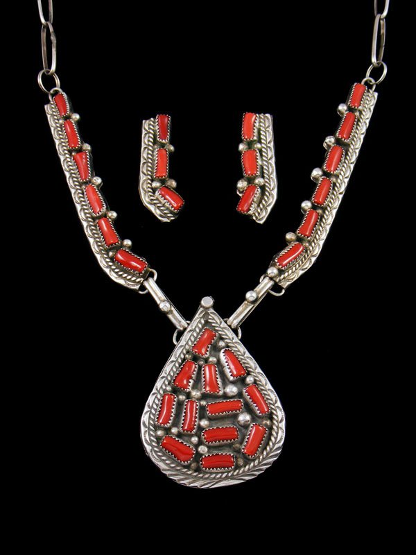 Native American Sterling Silver Coral Necklace and Earrings Set - PuebloDirect.com