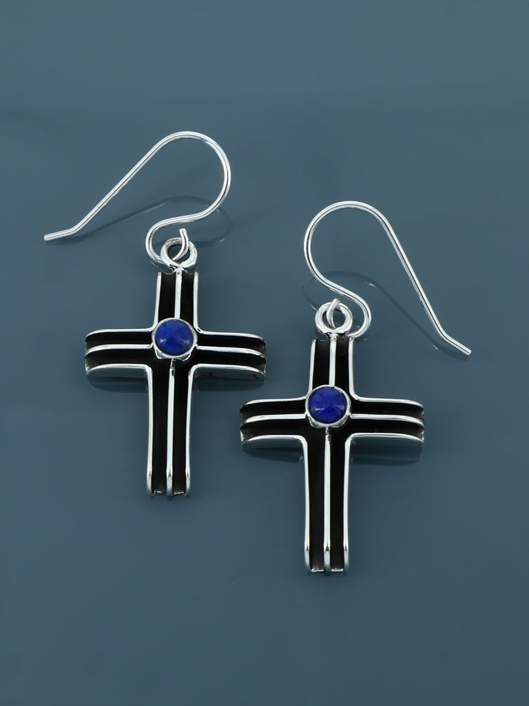 Native American Sterling Silver Lapis Dangle Cross Earrings - PuebloDirect.com