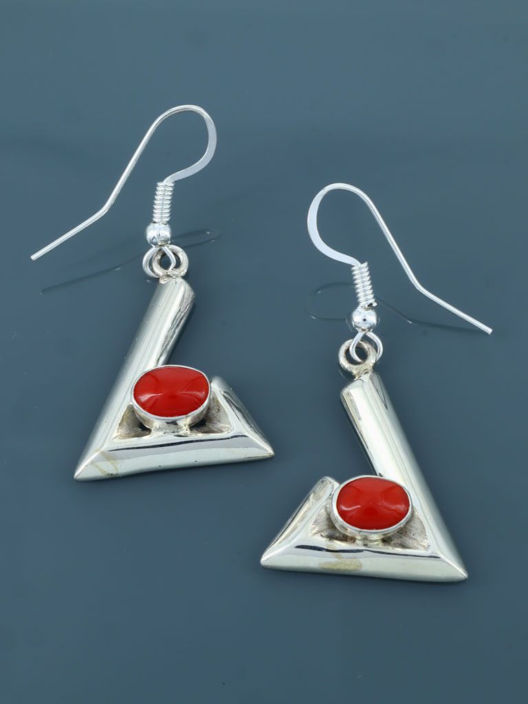 Navajo Coral Sterling Silver Dangle Earrings - PuebloDirect.com