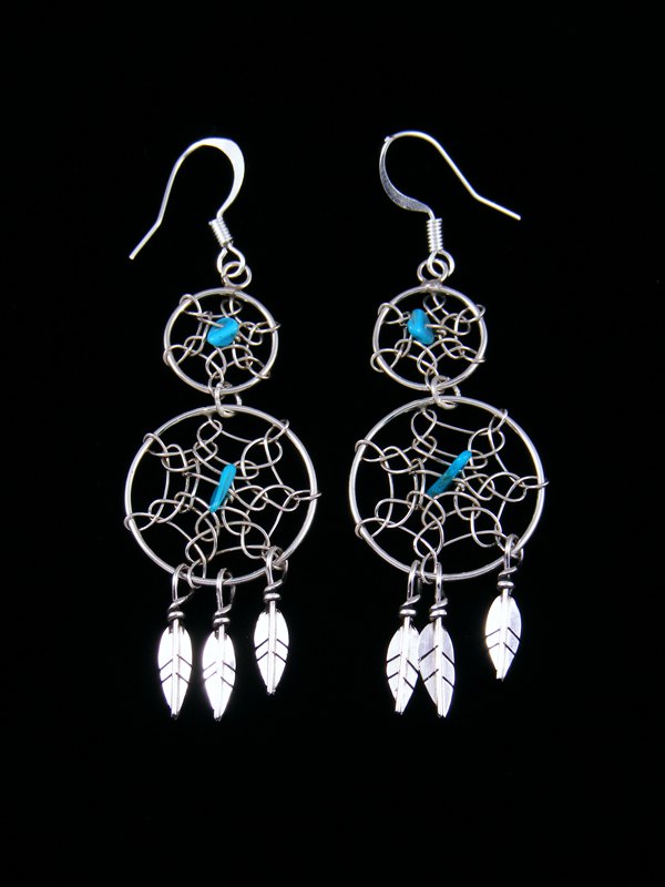 Navajo Sterling Silver Double Dreamcatcher Feather Earrings - PuebloDirect.com