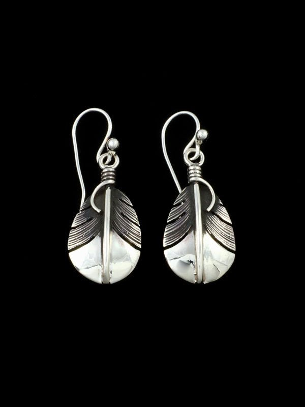 Navajo Sterling Silver Feather Dangle Earrings - PuebloDirect.com