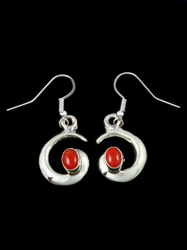 Navajo Coral Sterling Silver Swirl Dangle Earrings - PuebloDirect.com