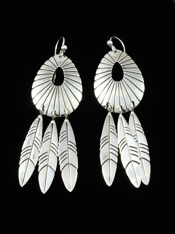 Navajo Sterling Silver Feather Dangle Earrings - PuebloDirect.com