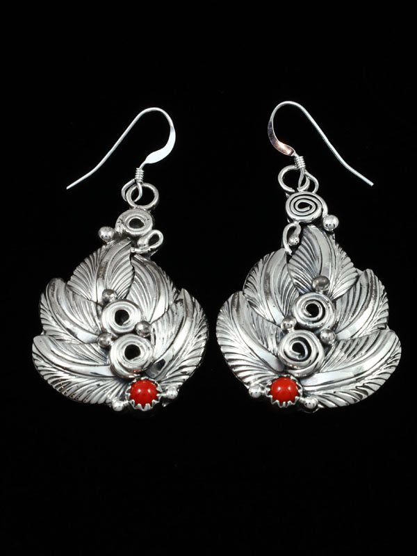 Navajo Sterling Silver Coral Earrings - PuebloDirect.com