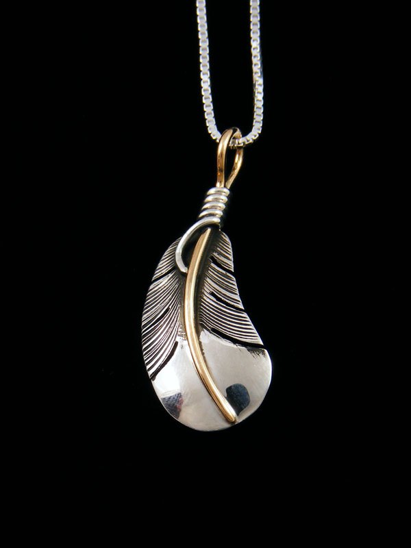 Native American Sterling Silver and 12kt Gold Feather Pendant - PuebloDirect.com