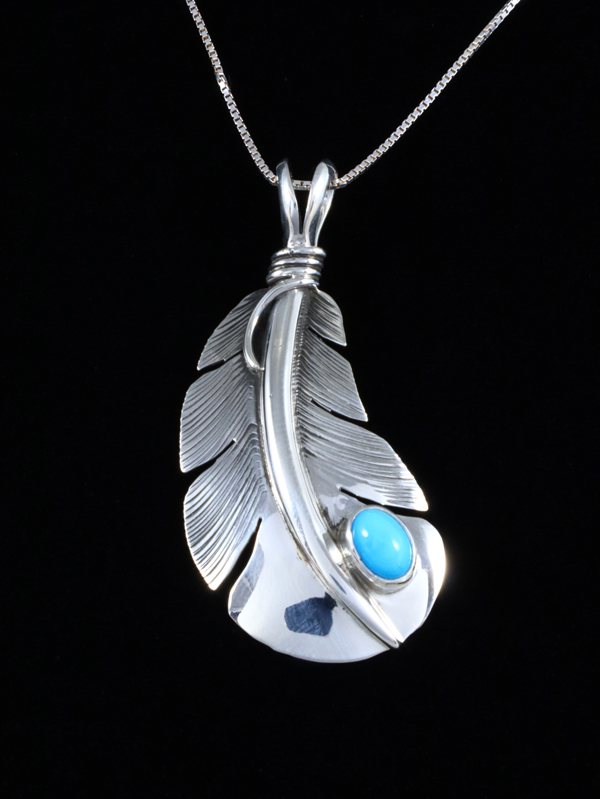 Native American Sterling Silver Turquoise Feather Pendant