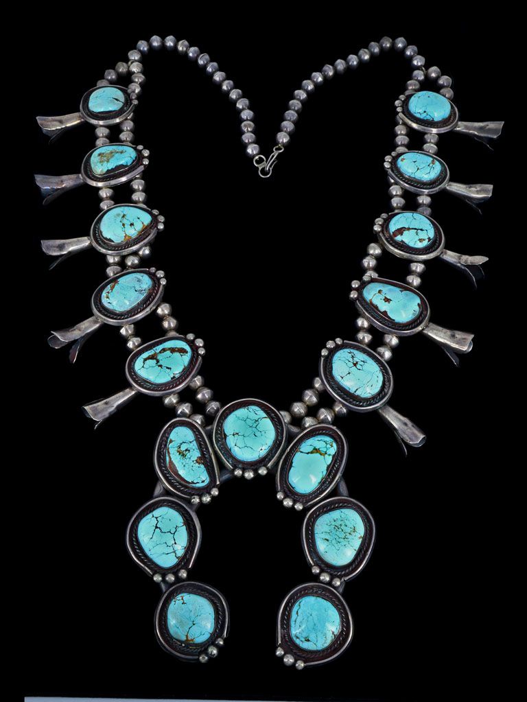 Vintage Navajo Sterling Silver Squash Blossum Necklace w/Naja & 14 Blo –  Upscale Consignment