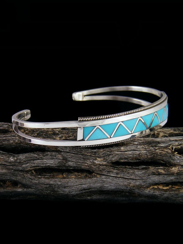 Sterling Silver Zuni Turquoise Inlay Cuff Bracelet - PuebloDirect.com