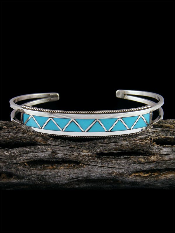 Sterling Silver Zuni Turquoise Inlay Cuff Bracelet - PuebloDirect.com